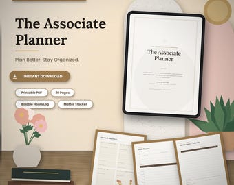 May include: A digital planner titled The Associate Planner displayed on a tablet screen and printed pages. The layout includes sections for quarterly objectives, daily planning, and billable hours logs, presented with a neutral color palette.