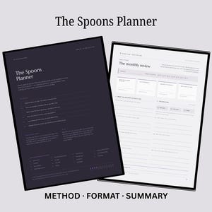 Op de afbeelding: Twee pagina's van The Spoons Planner, &eacute;&eacute;n met een donkere achtergrond en witte tekst, de andere met een lichte achtergrond en donkere tekst. De pagina's bevatten koppen zoals The Spoons Planner en The monthly review, met diverse secties.