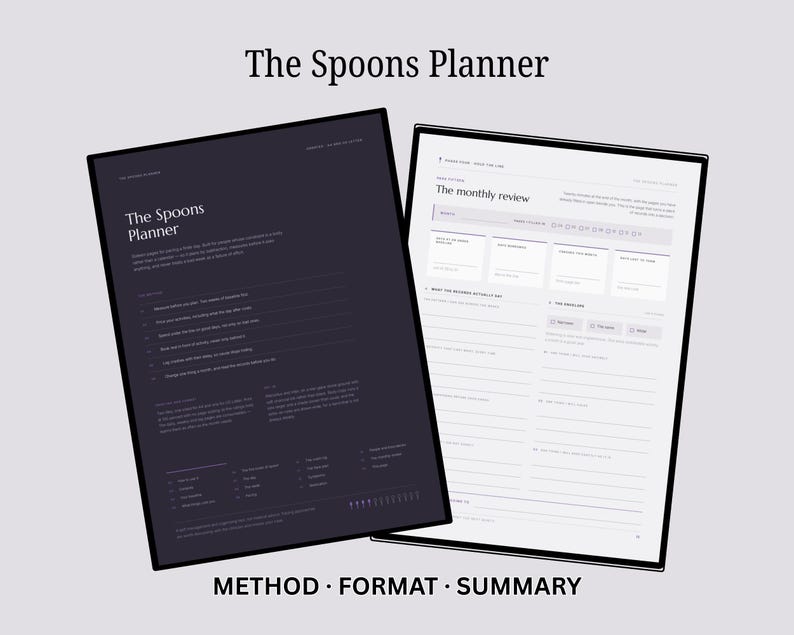 Op de afbeelding: Twee pagina's van The Spoons Planner, &eacute;&eacute;n met een donkere achtergrond en witte tekst, de andere met een lichte achtergrond en donkere tekst. De pagina's bevatten koppen zoals The Spoons Planner en The monthly review, met diverse secties.