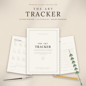以下が含まれることがあります： THE ART TRACKERと題された表紙、Year at a Glanceカレンダーページ、罫線付きトラッキングページを含む24ページの印刷可能なアートトラッカーシステム。USレターおよびA4サイズに対応し、絵筆と鉛筆が添えられています。