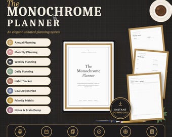 May include: The Monochrome Planner digital system features a tablet displaying the title page, alongside printed pages for weekly planning and habit tracking. Includes sections for annual, monthly, daily, and goal planning, plus a priority matrix and notes.