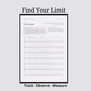 Op de afbeelding: Een witte plannerpagina met de titel Find Your Limit en een sectie genaamd Your baseline. De pagina bevat instructies over het invullen, het achteraf lezen en een tabel met kolommen voor dag, ochtend, avond en notities voor veertien dagen.