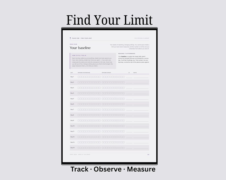 Op de afbeelding: Een witte plannerpagina met de titel Find Your Limit en een sectie genaamd Your baseline. De pagina bevat instructies over het invullen, het achteraf lezen en een tabel met kolommen voor dag, ochtend, avond en notities voor veertien dagen.