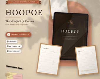 May include: A digital planner set titled HOOPOE The Mindful Life Planner, featuring a tablet displaying the cover, three printed page layouts, a black pen, and two small sticky notes on a beige background with soft leaf shadows.
