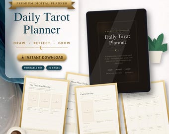 May include: A digital daily tarot planner set featuring a tablet displaying the planner cover, multiple printable pages including a three-card reading, moon phase tracker, and card of the day, with gold accents and text reading Daily Tarot Planner.
