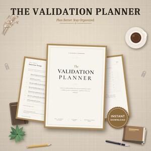 May include: The Validation Planner is a multi-page document with a cream-colored cover featuring black text. The title reads The Validation Planner, with subtext describing a founder's framework. It includes an interview script page.