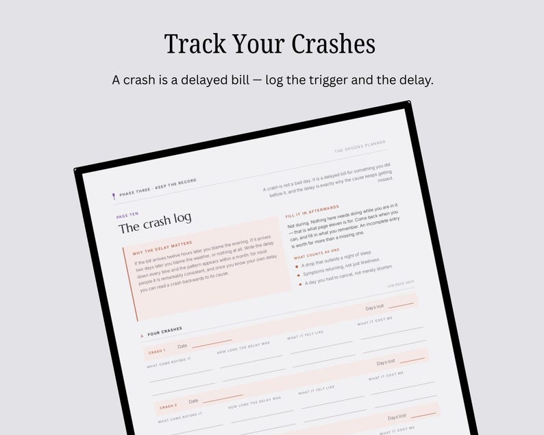 Op de afbeelding: Een witte papieren pagina getiteld The crash log met zwarte tekst en lichtroze accenten. De pagina bevat secties voor het bijhouden van triggers en vertragingen, met velden voor datum, wat eraan voorafging en de kosten.