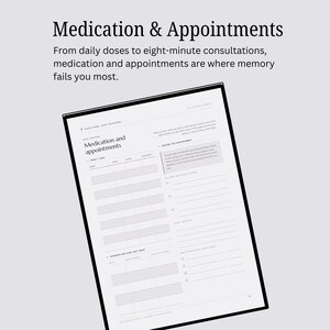 Op de afbeelding: Een witte papieren plannerpagina met de titel Medication & Appointments met secties voor het bijhouden van dagelijkse doses, afspraakdetails en notities. De lay-out bevat kolommen voor tijd, dosis en frequentie, naast gelinieerde gebieden voor vragen.