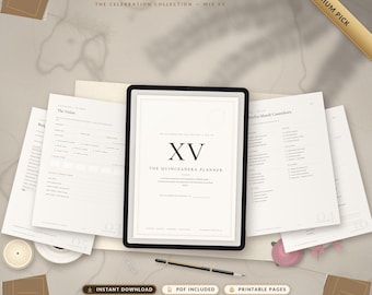 May include: The Quinceañera Planner digital organizer displayed on a tablet screen, surrounded by printed planning pages. The central screen features the text XV The Quinceañera Planner. Includes a black pen, instant download, and printable pages.