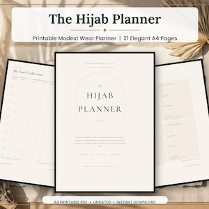 Op de afbeelding: Een printbare A4-planner genaamd The Hijab Planner, met 21 pagina's inclusief secties voor een sjaalcollectie en een inventaris voor bescheiden kleding. De pagina's zijn crèmekleurig met zwarte tekst, waaronder koppen zoals My Scarf Collection en Modest Wear Collection, in een overzichtelijke lay-out.