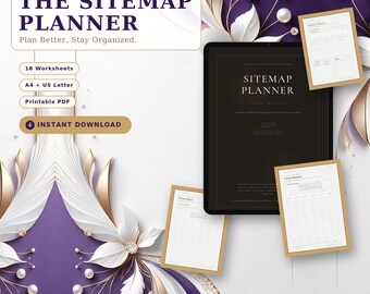 May include: A digital planner set titled The Sitemap Planner with 16 worksheets in A4 and US Letter sizes. The display features a tablet showing a black cover page and two white document pages with gold borders against a purple and white floral background.