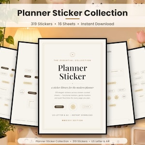 Op de afbeelding: Een digitale planner stickercollectie met 319 stickers op 16 vellen. De centrale pagina toont de tekst Planner Sticker, The Essential Collection, a sticker library for the modern planner en MMXXVI Edition.