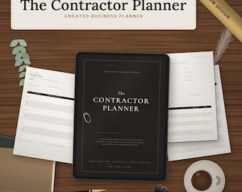 May include: A digital tablet displaying The Contractor Planner, surrounded by printed weekly planner pages, a black pen, a coffee cup, and a gold banner labeled Premium Design. The text reads The Contractor Planner Undated Business Planner.