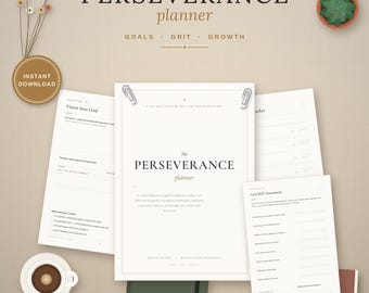 May include: The Perseverance planner is a set of white paper sheets with black text, including a cover page, vision into goal, and grit self-assessment forms. The set features paper clips, a dark pen, a yellow pencil, and a coffee cup.