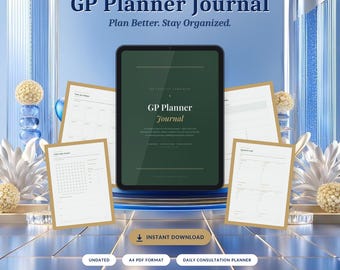 May include: A digital tablet displays the dark green cover of the GP Planner Journal, surrounded by floating white pages showing planner layouts. Text includes Premium Digital Planner, GP Planner Journal, Plan Better. Stay Organized, and Instant Download.