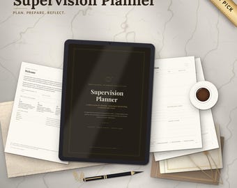 May include: A digital tablet displaying a Supervision Planner cover page, surrounded by printed planner sheets, a black pen, and a coffee cup. Text includes Professional Planning Collection, Supervision Planner, Plan. Prepare. Reflect., and Premium Pick.