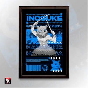 Inosuke Hashibira Demon Slayer Anime Poster, Manga Artwork Japanese Wall Decor, Gift for Anime Fan, Neon Blue Cyber UI Aesthetic