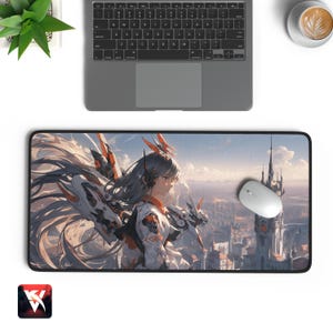 Anime Mouse Pad Warrior Girl | Cyberpunk Desk Mat | Sci-Fi Mecha Cityscape Art | Futuristic Otaku Decor | Gaming Gift