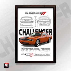 Orange Dodge Challenger SRT Hellcat Blueprint Poster: Automotive Wall Art