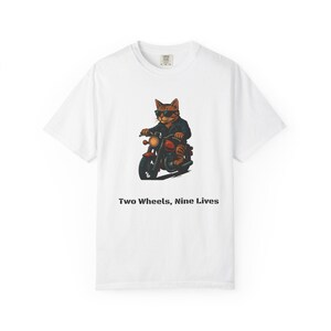 Motorcycle Cat T-Shirt, Two Wheels Nine Lives Tee, Unisex Gift for Cat Lovers, Fun Bike Apparel, Cool Pet Owner Shirt