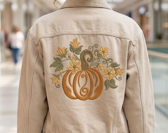 Motif de broderie machine pour le dos d'une veste à motif floral citrouille, automne, grande courge fleurie, fichier numérique à télécharger