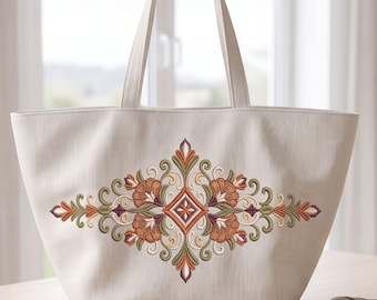 Motif de broderie machine symétrique à motif floral ornemental pour sac cabas botanique - Fichier à télécharger numérique