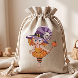 May include: A beige drawstring pouch featuring a graphic of a character wearing a purple witch hat, an orange dress, and striped leggings, holding a small orange pumpkin on a stick. The bag has thick cream-colored rope ties with wooden beads.