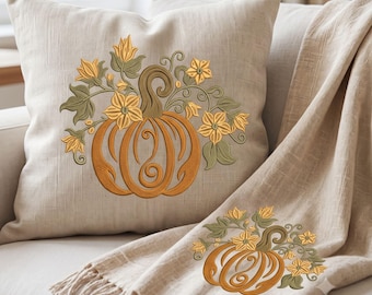 Motif de broderie machine pour coussin décoratif citrouille florale | Motif botanique automnal | Fichier à télécharger