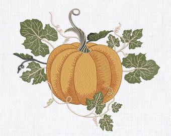 Disegno per ricamo a macchina con zucca autunnale in stile rustico autunnale, disponibile in 6 misure, download immediato.