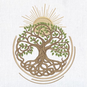 May include: A brown tree of life with green leaves and intricate roots, surrounded by a circle with a sun with golden rays at the top.