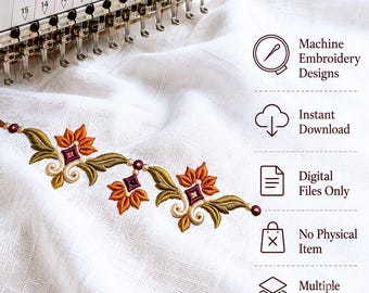 Motif de broderie machine à bordure florale d'automne, fleurs et feuilles symétriques, style folklorique, fichier à télécharger numérique