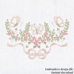 May include: An embroidered design featuring butterflies, flowers, and leaves in soft pink and green hues. A bow and ribbon are at the bottom. The text "Embroidery design file Instant download" is at the bottom.