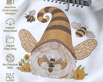 Motif de broderie machine florale abeille gnome - Fichier numérique à télécharger - Abeille gnome barbu mignon