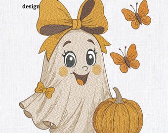 Cute Ghost Pumpkin Halloween Machine Embroidery design, Smiling ghost with bow File. 6 sizes. Instant Download
