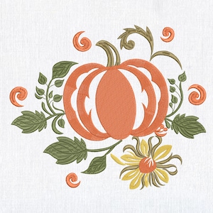 Elegant Autumn Pumpkin with Sunflower Leaves Machine Embroidery design, Harvest Gourd File, Thanksgiving Floral pumpkin Pattern 6 sizes