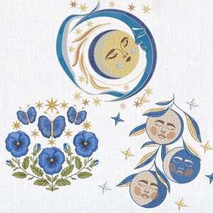 Celestial Moon Phases Embroidery Design: Floral Butterflies, Stars (6 Size) (Digital Download)