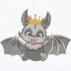 Cute Baby Bat King Machine Embroidery design, Digital Bat File for PES and DST, Halloween Crowned Bat Pattern 8 Sizes, Instant Download