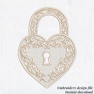 May include: A heart-shaped lock design with an ornate, swirling pattern. The lock has a keyhole and a decorative border. The text "Embroidery design file Instant download" is at the bottom. The design is in a light beige color.