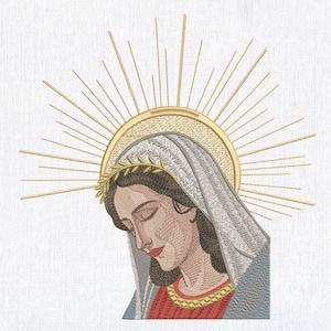 Może przedstawiać: Haftowany obraz Matki Boskiej z aureolą promieni światła. Ma na sobie biały welon i koronę z liści. Jej oczy są zamknięte i patrzy w dół.