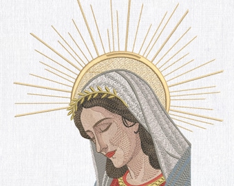 Holy Mother Virgin Mary with Halo Laurel Crown Machine Embroidery design, Christian Religious Embroidery pattern 8 Sizes, Instant Download