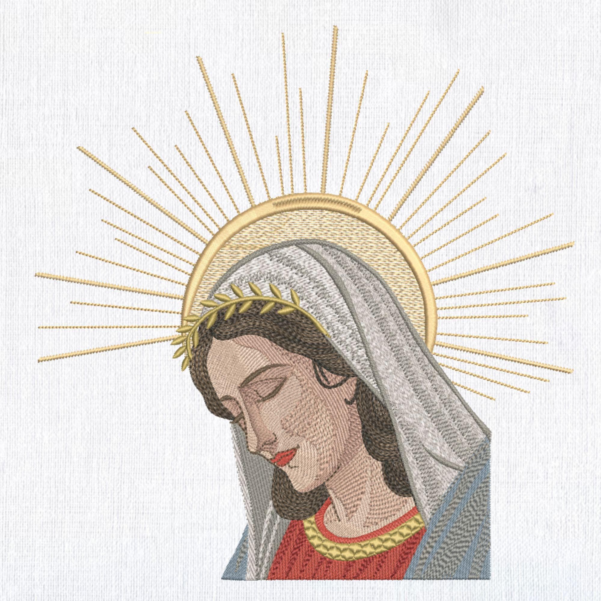 聖母マリアの刺繍デザイン：光輪と月桂樹の冠、キリスト教の宗教的