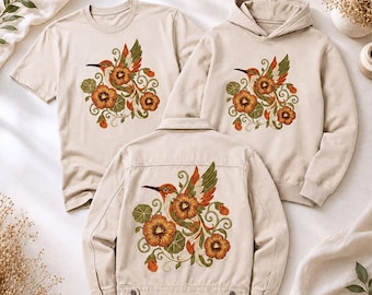 Motif de broderie machine florale colibri au dos d'une veste - Sweat-shirt à motif floral - Fichier à télécharger numérique