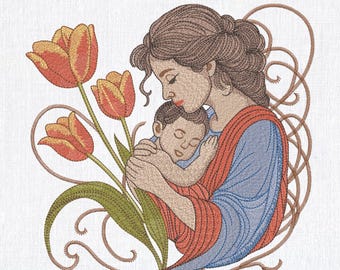 Mother And Child Floral Embroidery Design Digital Download File