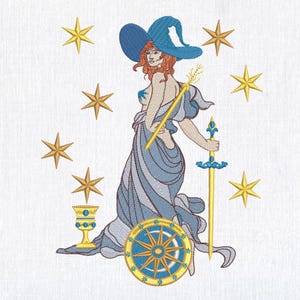 Wiccan Priestess, Wand Sword Chalice, Stars Machine Embroidery design, Lunar Witch File, Celestial Goddess Pattern in Mystic Style 6 sizes