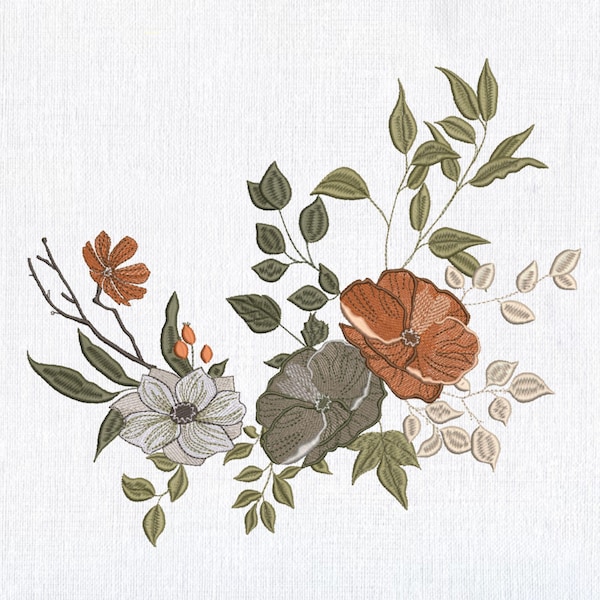Rustiek borduurontwerp wilde bloemen: vintage bloemmotief (6 maten, digitale download