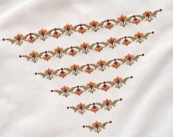 Motif de broderie machine à bordure florale d'automne, fleurs et feuilles symétriques, style folklorique, fichier à télécharger numérique