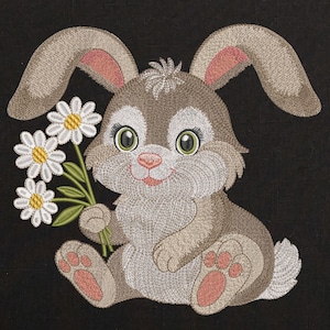 Uroczy puszysty króliczek trzymający stokrotki, wzór do haftu maszynowego, plik Baby Rabbit, wzór na wiosennego króliczka z kreskówek, 8 rozmiarów, natychmiastowe pobranie