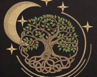 Mystical Tree of Life Machine Embroidery design, Boho Moon and Stars Nature Symbol File, Magic Celtic Night Roots Pattern 8 Sizes