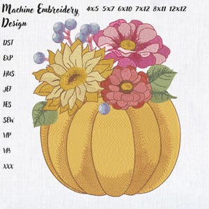 Fall Pumpkin with flowers Machine Embroidery design, Autumn Sunflower File, Thanksgiving Floral Pumpkin Pattern 6 sizes Instant Download