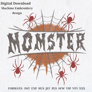 Może przedstawiać: Wzór do haftu maszynowego ze słowem "MONSTER" w gotyckiej czcionce, otoczony pajęczyną i czerwonymi pająkami. Projekt zawiera tekst "Digital Download" i "Machine Embroidery design".